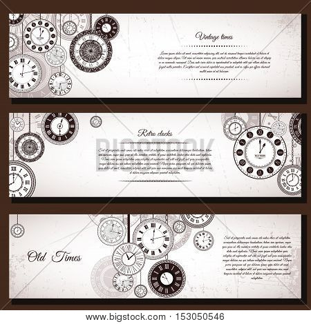 Vintage clock vector banner background set. Retro antique backrop for business. Classic watch dial cover illustration. Elegant invitation, postcard, paper design. Traditional card. Victorian style