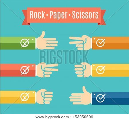 Rock Paper Scissor Hand Game. How to Play Arm Gestures. Vector illustration