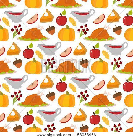 Happy thanksgiving day food seamless pattern card design with holiday objects. Fresh food harvest autumn season thanksgiving day vector set. Traditional seasonal nature vegetable thanksgivin