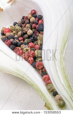 Colorful peppercorns in a white onion. Horizontal cut with white background.