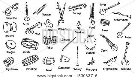 Isolated traditional indian instruments. Vector contour set for music billboard