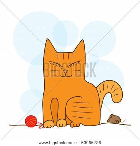 Orange cat sitting with his eyes closed and unwound the tangle red. Cat playing the mouse.