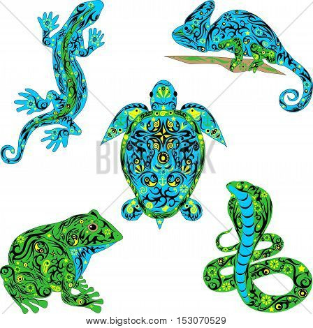 The set with reptiles, is a lot of vector animals, an animal with a pattern on a body, the lizard creeps, a large frog, a venomous snake, a chameleon on a branch