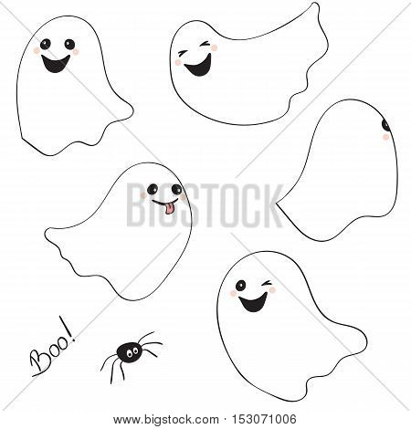 Set of cartoon spooky Ghost isolated on white background. Spooky and scary holiday monster design ghost character. Costume evil silhouette ghost character creepy funny cartoon cute spooky night symbol. Vector illustration
