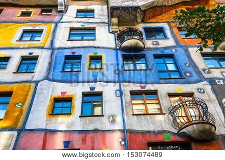 Vienna, Austria - October 14, 2016: Facade Of Huntdertwarsser House In Vienna. The Hundertwasser Hou