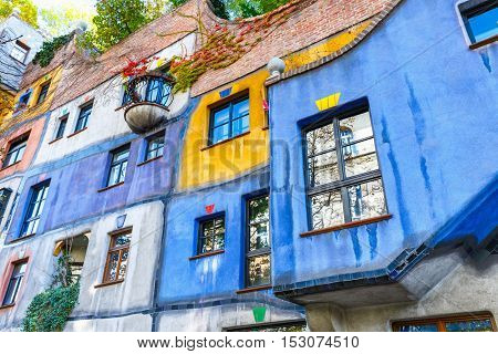 Vienna, Austria - October 14, 2016: Facade Of Huntdertwarsser House In Vienna. The Hundertwasser Hou