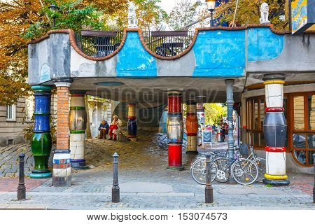 Vienna, Austria - October 14, 2016: Facade Of Huntdertwarsser House In Vienna. The Hundertwasser Hou