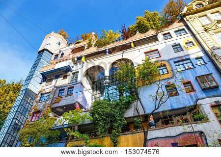 Vienna, Austria - October 14, 2016: Facade Of Huntdertwarsser House In Vienna. The Hundertwasser Hou