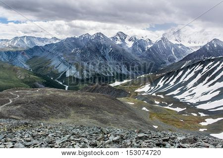 View from Karaturek mountain pass to Beluha mountain in cloudy weather
