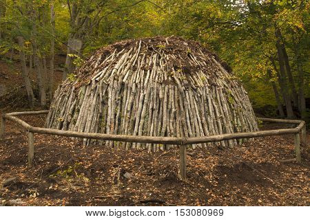 Charcoal pile in the forest. Hayedo de Tejera Negra Guadalajara Spain
