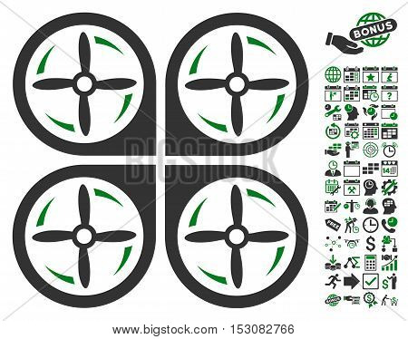 Quadrotor Screws Rotation pictograph with bonus calendar and time service clip art. Glyph illustration style is flat iconic symbols, green and gray colors, white background.