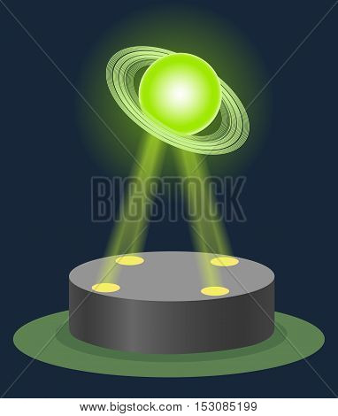 Innovation Astronomy museum center Saturn hologram on illuminated pedestal. Future technology education physics lesson. Vector illustration