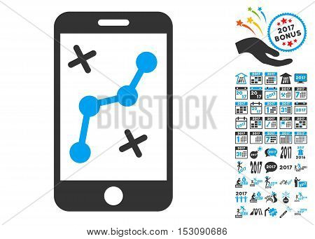 Route Smartphone icon with bonus 2017 new year pictures. Glyph illustration style is flat iconic symbols, blue and gray colors, white background.