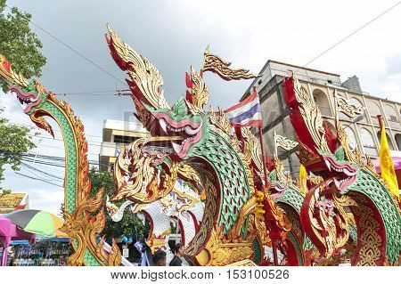 Suratthani, Thailand - October 20, 2016: Details On Ornamented Carriers Of Buddha Images To Be Pulle