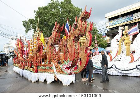 Suratthani, Thailand - October 20, 2016: Ornamented Carriers Of Buddha Images To Be Pulled Across Th