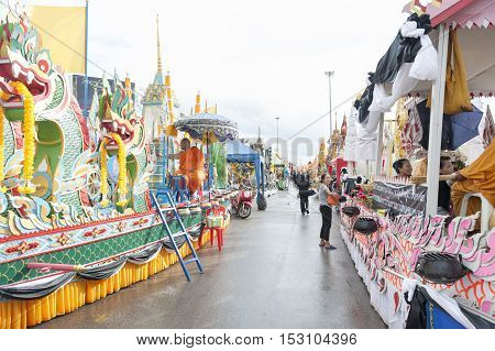 Suratthani, Thailand - October 20, 2016: Ornamented carriers of Buddha images to be pulled across the city during the famous Chak Phra Festival, an annual Buddhist festival to celebrate the return of Buddha from heaven to earth after the end of the three-
