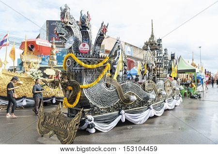 Suratthani, Thailand - October 20, 2016: Ornamented carriers of Buddha images to be pulled across the city during the famous Chak Phra Festival, an annual Buddhist festival to celebrate the return of Buddha from heaven to earth after the end of the three-