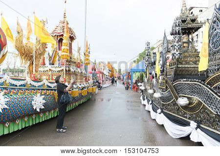 Suratthani, Thailand - October 20, 2016: Ornamented carriers of Buddha images to be pulled across the city during the famous Chak Phra Festival, an annual Buddhist festival to celebrate the return of Buddha from heaven to earth after the end of the three-