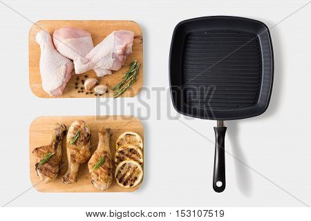 Raw Chicken And Grilled Chicken On Cutting Board With Grill Pan Set Isolated On White Background. Cl