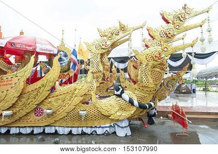 Suratthani, Thailand - October 20, 2016: Ornamented carriers of Buddha images to be pulled across the city during the famous Chak Phra Festival, an annual Buddhist festival to celebrate the return of Buddha from heaven to earth after the end of the three-