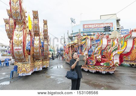 Suratthani, Thailand - October 20, 2016: Ornamented carriers of Buddha images to be pulled across the city during the famous Chak Phra Festival, an annual Buddhist festival to celebrate the return of Buddha from heaven to earth after the end of the three-