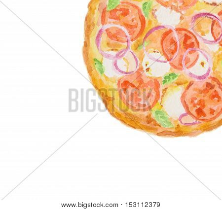 Isolated watercolor pizza on white background. Tasty italian snack or street food. Italian cuisine.