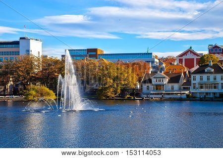 City Park with a lake in the city center in Stavanger Norway.