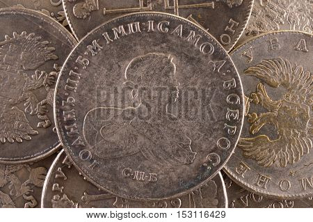 Vintage background silver ruble coin 1741 Russian emperor John Third Autocrat of all Russia