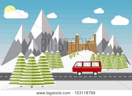 Vector minibus car, winter fir trees, mountains, castle, flat illustration. Winter beautiful scene, mountain road trip. Mini bus on road, snow winter scene.