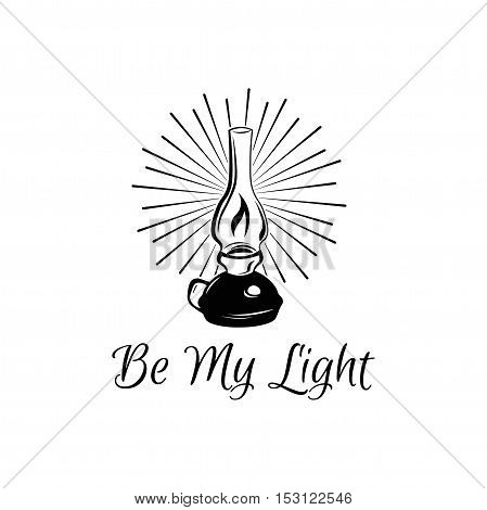 Be My Light. Retro Kerosene lamp. Vintage paraffin lamp. Doodle style. Isolated on white. Vector Illustration