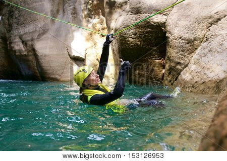 Canyoning in Gorgol Canyon, Tena Valley, Pyrenees, Huesca Province, Aragon, Spain.