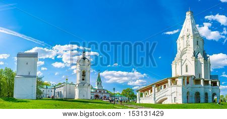 MOSCOW RUSSIA - MAY 10 2015: Kolomenskoye Royal Estate preserved the old unique churches beautiful bell towers historic mansions and small pavilions surrounded by gardens on May 10 in Moscow.