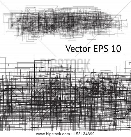 Vector modern background with grunge tangled squares. Geometric black lines imitating scratchy effect on the paper. Perfect design for your business presentation or digital brush.