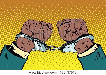 Hands up African American in handcuffs, pop art retro illustration.
