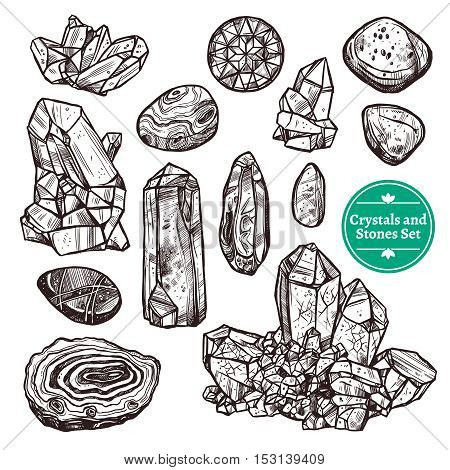 Hand drawn monochrome icons set of crystal stones rocks with white background vector illustration