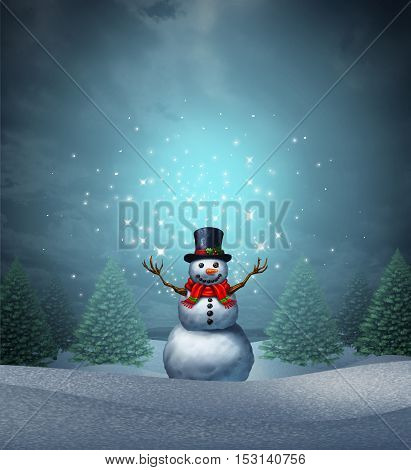 Magical snowman winter holiday as a merry christmas and happy new year greeting card with a cute happy snow character with glowing northern lights snowflake sparkles in an evergreen landscape with 3D illustration elements.