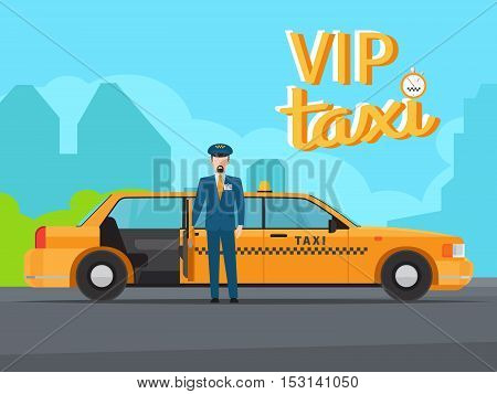 Vip taxi service with yellow car cab, driver in uniform and open door vector illustration