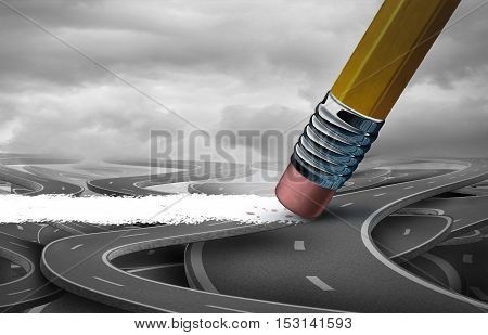Concept of solution as a pencil erasing a clean pathway across a confused group of streets as a business success metaphor for clearing a path to freedom as a 3D illustration.