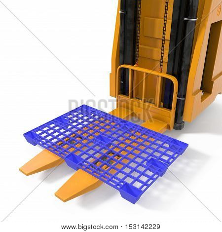 Modern forklift truck with plastic pallet isolated on white background. 3D illustration