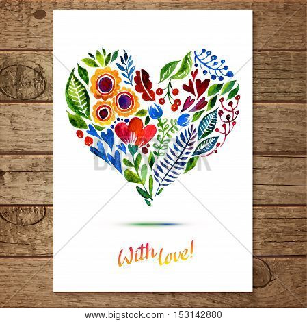 Vector illustration of flower heart frame.  Multiolor floral drawing watercolor. Card design for Valentine's Day or weddings. Spring or summer design for invitation and greeting cards