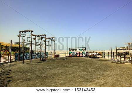 Dubai, UAE - OCTOBER 06, 2016: The Beach Development opposite Jumeirah Beach Residence (JBR) is an array of restaurants, shops and health and fitness venues including gyms and running track