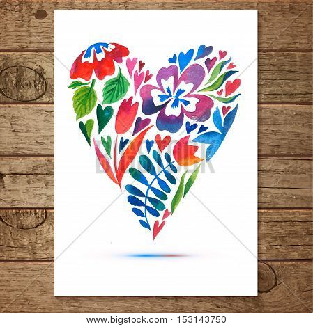 Vector illustration of flower heart frame.  Multiolor floral drawing watercolor. Card design for Valentine's Day or weddings. Spring or summer design for invitation and greeting cards