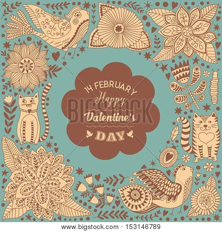 Hand drawn frame illustration made of flowers, birds and herbs. Vector decorative frame. Spring elements. Floral doodles wreath for Valentine's Day