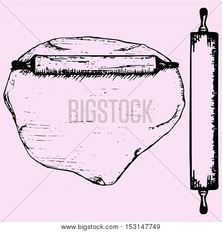 stretched dough rolling pin, doodle style sketch illustration hand drawn vector