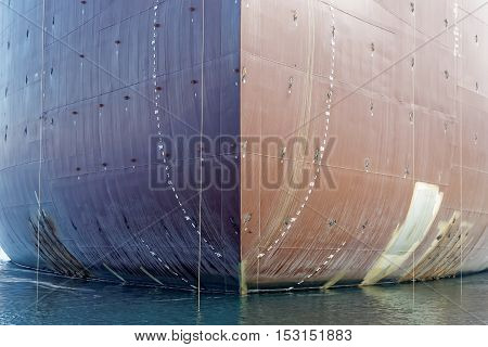 prow of cargo ship in shipyard front view