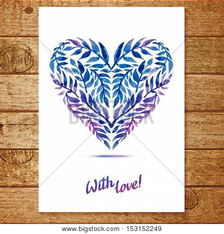Vector blue voilet leaf heart frame.  Colorful floral card with leaves, drawing watercolor. Spring or summer design for invitation, wedding or greeting cards