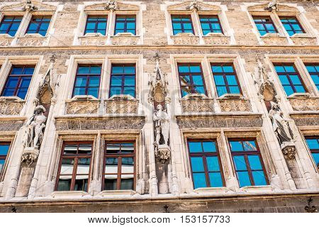 Close-up view on the beautiful facade of the town hall in Munich