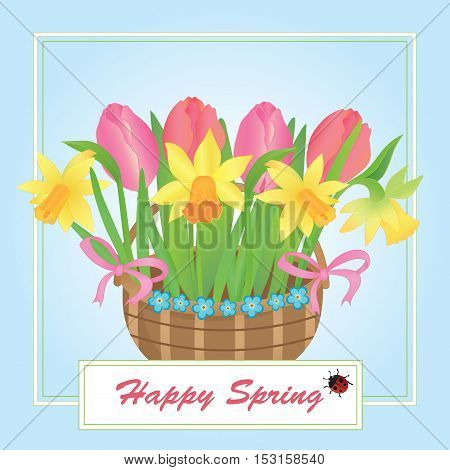 Vector illustration of a basket with spring flowers