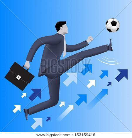 Put the ball in the game business concept. Confident businessman in business suit with case kicks soccer ball up to the sky. Concept of starting new business. startup or contract. Vector illustration.