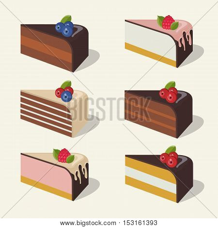 Set of delicious cakes with berries and chokolate
